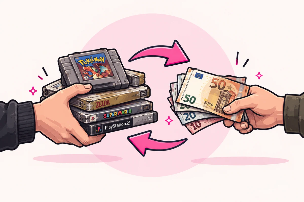 Illustration zum Ankauf von Retro-Spielen gegen Bargeld