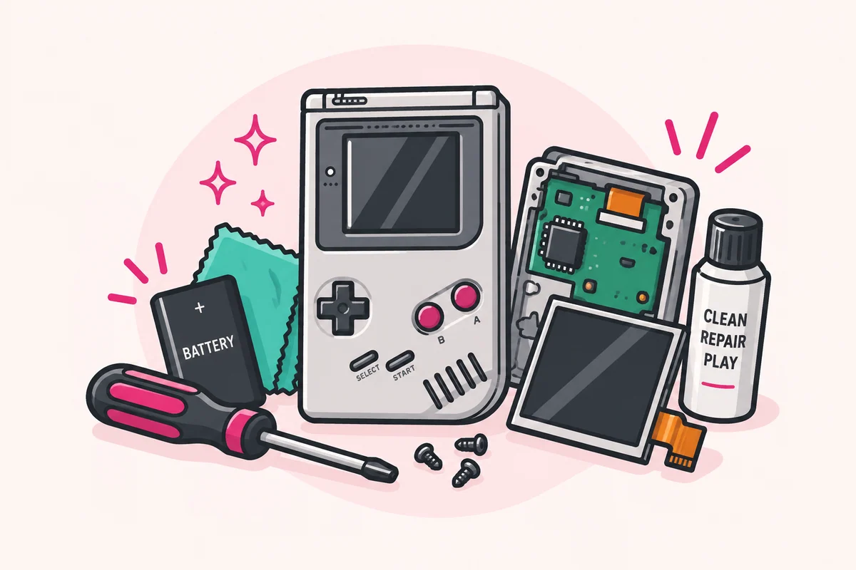 Illustrierter Game Boy mit Werkzeug und Ersatzteilen für die Reparatur